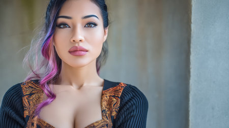 A young woman stands elegantly with her hands folded, showcasing her vibrant hairstyle and fashionable attire. The soft light highlights her features, creating a captivating scene.の素材