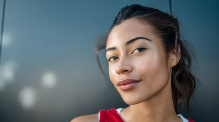 A young woman with an engaging smile poses confidently in an urban environment. The background features soft sunlight, highlighting her features and giving a vibrant feel.の素材