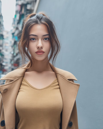 A woman stands confidently in a narrow alley, wearing a beige coat and a fitted top. She gazes directly at the camera, surrounded by urban architecture in soft, natural light.の素材