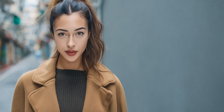 A young woman strolls through a narrow city street, showcasing her stylish brown coat and a confident look. The urban scenery adds a modern touch to her appearance in daylight.の素材
