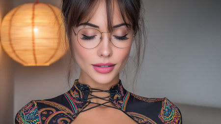 A woman is sitting peacefully, wearing a colorful traditional outfit and glasses. Soft light from a round lamp enhances the serene atmosphere in the indoor setting.の素材