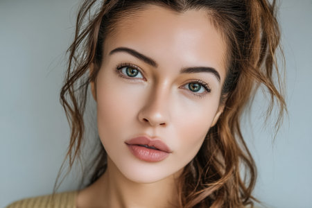 A young woman with long, wavy hair and radiant skin. She has a calm expression and strong features, creating a striking visual effect against a soft background.の素材