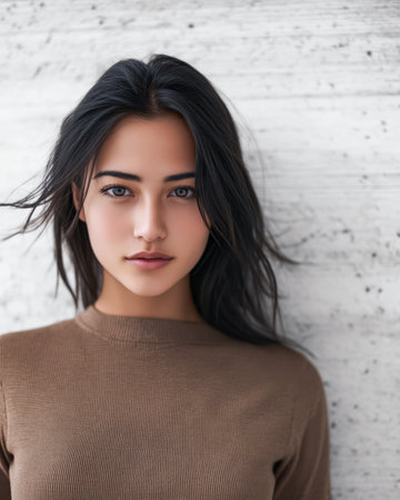 A young woman with long dark hair stands confidently, facing the camera with a soft expression. She wears a brown sweater, perfectly complementing her striking features.の素材