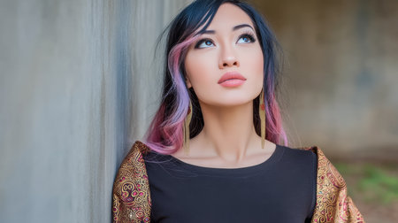 A young woman stands quietly against a rustic wall. She gazes upward with a thoughtful expression, her colorful hair framing her face. The setting is peaceful and natural, enhancing her calm demeanor.の素材