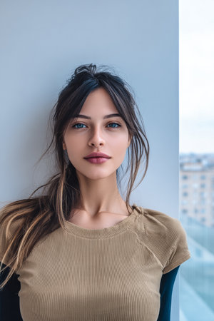 A young woman with striking blue eyes stands by a large window, wearing a brown shirt. She has long hair, tied up and a relaxed expression, with a city view in the background.の素材