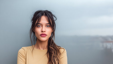 Young woman with long, flowing hair stands confidently with arms crossed. Her neutral-colored top contrasts with a soft, blurred backdrop of a cloudy sky, creating a moody atmosphere.の素材