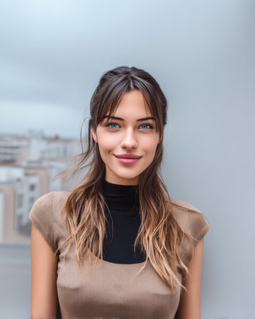 A young woman stands confidently outdoors, showcasing her striking blue eyes and warm smile. She has long, layered hair and wears a stylish outfit, with a soft focus on the city in the background.の素材