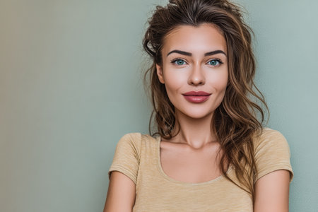 A young woman stands confidently with her arms crossed, showcasing her wavy hair and vibrant blue eyes. The background features a soft green color, adding a serene touch.の素材
