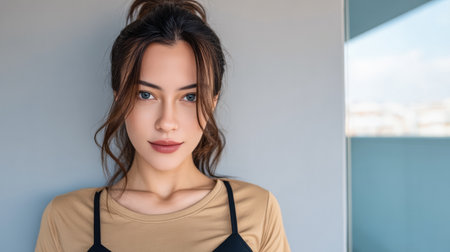 A young woman stands against a light-colored wall, wearing a simple outfit, showcasing a relaxed expression and bright eyes. The background suggests a contemporary space.の素材