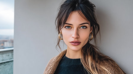 A young woman poses near a balcony, showcasing her casual sweater and earrings while looking confidently at the camera. The urban landscape can be seen in the background.の素材