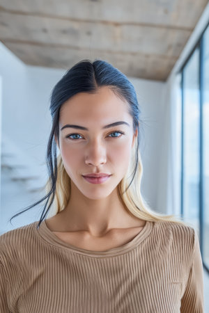 A young woman stands indoors, displaying a calm demeanor. She has long hair with two tones and a simple shirt. The setting features modern architecture and large windows.の素材