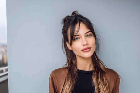 A young woman with long hair stands against a light blue wall, wearing a brown jacket. She has a warm smile and appears relaxed in the outdoor environment.の素材