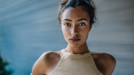 A young woman stands confidently in front of a simple background, her expression calm. Soft light highlights her features, creating a serene atmosphere.の素材