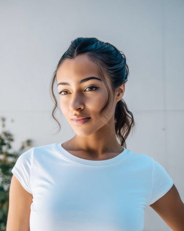 A young woman stands outdoors in a casual white t-shirt, her hair styled elegantly. She looks directly at the camera, exuding confidence and grace in natural light.の素材