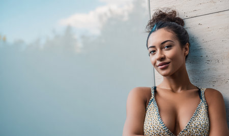 A young woman leans against a sleek wall, enjoying a sunny day. She has a confident smile, wearing a casual outfit, and her hair is styled elegantly.の素材