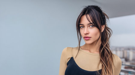 A young woman stands against a light-colored wall, showcasing her stylish outfit and long, flowing hair. She gazes into the distance with poise and confidence.の素材