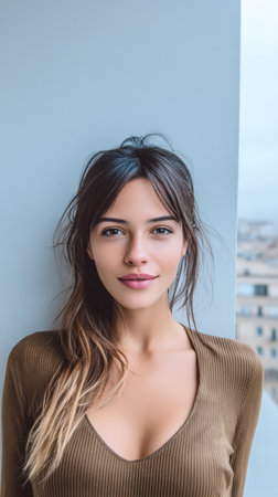 A young woman stands casually against a light-colored wall, her hair flowing loosely. She smiles softly while the cityscape stretches behind her, showcasing a bright afternoon feel.の素材