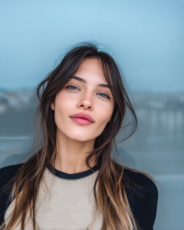A woman with long, flowing hair poses confidently in front of a soft blue backdrop. Her expression is relaxed, showcasing natural beauty and subtle makeup.の素材