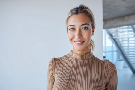 A young woman stands confidently in a modern office space with large windows. She smiles at the camera, showcasing her relaxed demeanor and stylish outfit.の素材