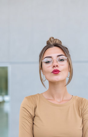 A confident young woman stands outdoors, showcasing a chic look with stylish glasses and vibrant lipstick. Her hair is tied up, and she poses against a minimalist background.の素材