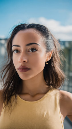 A young woman stands outdoors with a calm expression, her hair flowing in the wind. She wears a simple yellow top and enjoys a sunny day. The sky adds a tranquil touch.の素材