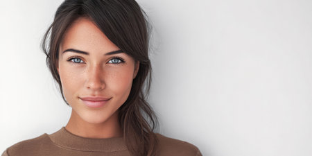 A woman stands facing the camera with a friendly smile. Her hair is styled softly, and she wears a cozy sweater, creating a welcoming atmosphere.の素材