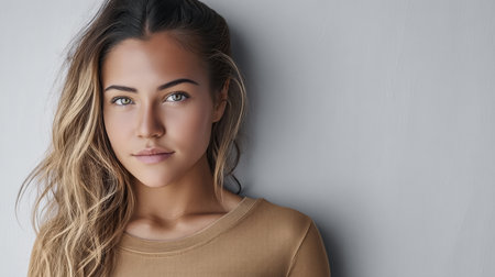 A young woman stands confidently against a gray wall, her long hair cascading down her shoulder. She wears a simple shirt that highlights her natural beauty and calm demeanor.の素材