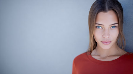 A young woman stands against a smooth gray wall, looking confidently at the viewer. Her long hair frames her face, and she wears a simple red shirt, showcasing her natural beauty.の素材
