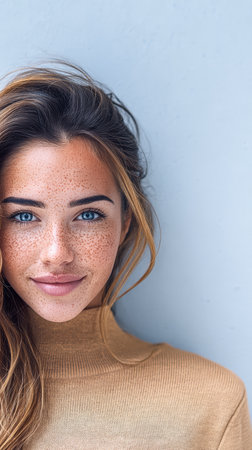 A young woman with light brown hair and striking freckles smiles gently while resting her hand against her face. The soft blue background adds to her relaxed and charming appearance.の素材