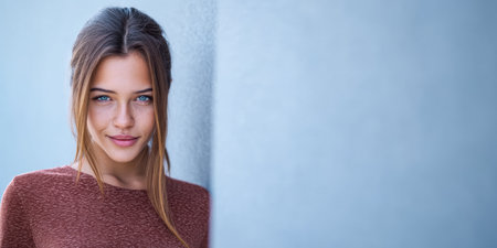 A young woman stands confidently against a light blue wall. She has striking blue eyes and a warm smile, dressed casually. The lighting highlights her features and creates a friendly atmosphere.の素材