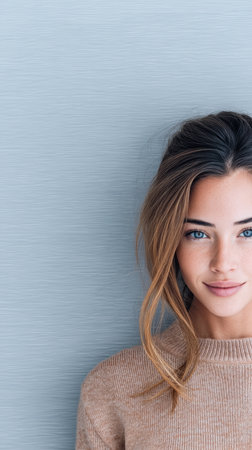 A young woman with long, wavy hair and striking blue eyes smiles warmly while standing in front of a smooth gray backdrop. Natural light highlights her joyful expression.の素材
