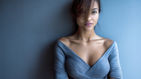 A woman stands gracefully against a soft blue wall, displaying a calm demeanor. The light highlights her features, showcasing her hair and clothing style.の素材