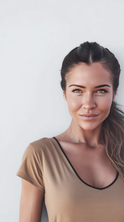 A woman stands confidently with a slight smile, showcasing her long hair and casual brown top. The soft natural light highlights her features, creating a relaxed atmosphere.の素材
