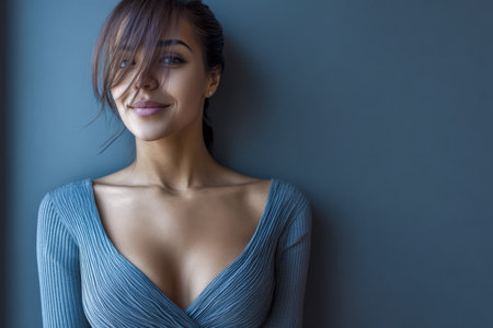 A young woman stands by a blue wall, smiling softly. Her brown hair falls gracefully over one shoulder, while she wears a fitted outfit that highlights her confidence and elegance.の素材