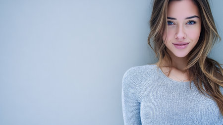 A young woman with long hair smiles gently while wearing a cozy gray sweater. The soft gray background enhances her cheerful expression, creating a warm and inviting scene.の素材