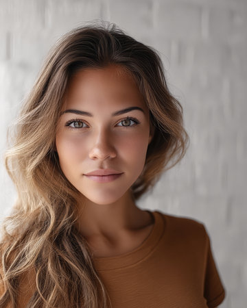 A young woman with long, wavy hair stands facing the camera. She has a calm expression, wearing a simple shirt, with a soft background of a light-colored wall.の素材