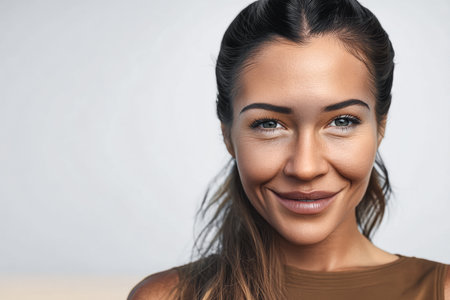 A woman with long hair smiles confidently at the camera, her natural beauty highlighted by soft lighting. The neutral background emphasizes her joyful expression and warmth.の素材