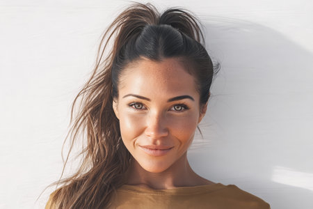 A young woman stands in front of a light background, smiling brightly. Her long, wavy hair is styled in a high ponytail, creating a cheerful and confident look.の素材