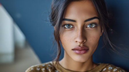 A young woman with beautiful blue eyes and light freckles gazes thoughtfully at the camera. The warm indoor environment enhances her natural beauty and calm demeanor.の素材
