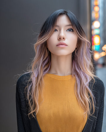 A young woman with long, wavy hair stands in a city alley at dusk. Her expression is confident as city lights glow in the background, creating a vibrant atmosphere.の素材