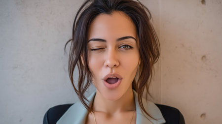 A young woman with long hair is winking playfully while displaying a surprised expression. She stands against a light-colored wall, dressed casually, in daylight.の素材