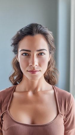 A young woman with long hair poses indoors, illuminated by natural light. She gazes directly at the viewer, exuding confidence in her simple outfit.の素材