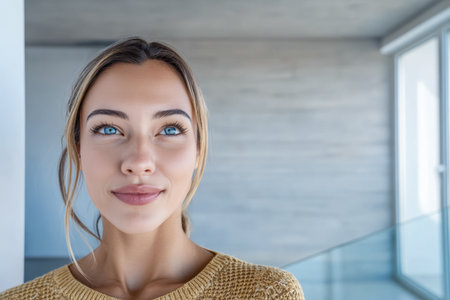 A woman with beautiful blue eyes looks up thoughtfully in a stylish indoor space. Natural light highlights her features and adds warmth to the clean design of the room.の素材
