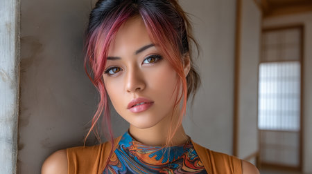 A young woman stands with a confident expression indoors, surrounded by a tranquil atmosphere. Her hair features vibrant colors, enhancing her natural beauty.の素材