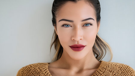 A young woman with captivating blue eyes and red lipstick is lying down at home. Her cozy sweater and relaxed posture create a calm atmosphere, enhancing her natural beauty.の素材