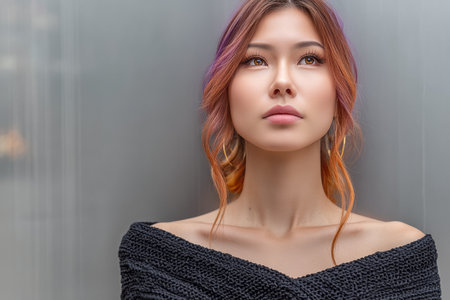 A young woman with vibrant orange and purple hair stands in an urban area, staring thoughtfully into the distance with a calm expression. Her stylish outfit adds to her modern appearance.の素材