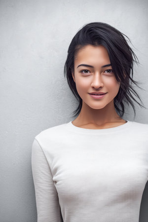A young woman with dark, wavy hair stands in front of a light gray wall. She wears a simple white top and expresses a warm, friendly smile, radiating confidence and poise.の素材
