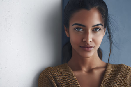 A young woman poses confidently against a light-colored wall. She looks directly at the viewer, showcasing her captivating green eyes and natural beauty while wearing a warm sweater.の素材