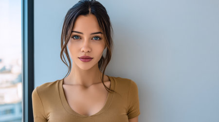 A young woman stands indoors against a light wall, looking directly at the camera with a thoughtful expression. A bright city view is visible through the window beside her.の素材