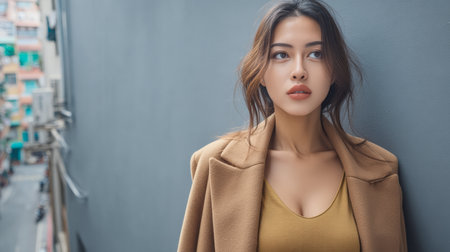 A model stands confidently near a gray wall, dressed in a stylish coat and mustard top. Colorful buildings and streets add vibrancy to the scene, capturing a lively urban atmosphere.の素材